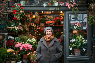 A woman stands gracefully outside her flower shop, her smile mirroring the beauty of the blossoms behind her, inviting passersby to discover the wonders within,