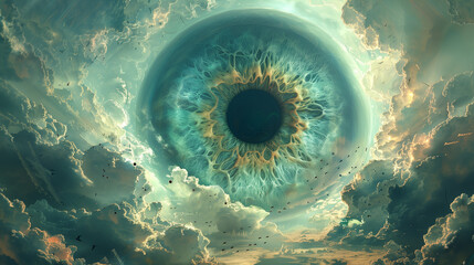 A giant surreal eye dominates a vibrant, cloud-filled sky.