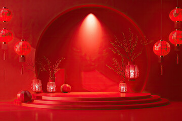 ed gradient background, red stage with light and shadow effects
