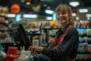 Fototapeta na wymiar Illuminated by the checkout lights, a smiling American supermarket cashier beams with warmth and professionalism,