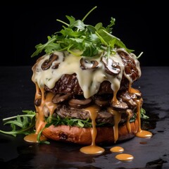 open beef steak burger with beef patty, raclette cheese, mushroom sauce, candied onions, and rocket leaf