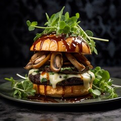 beef steak burger with beef patty, raclette cheese, mushroom sauce, candied onions, and rocket leaf served in black plate