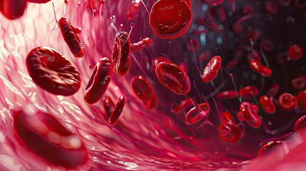 Crimson Dance: Red Blood Cells Flowing Through Vessel