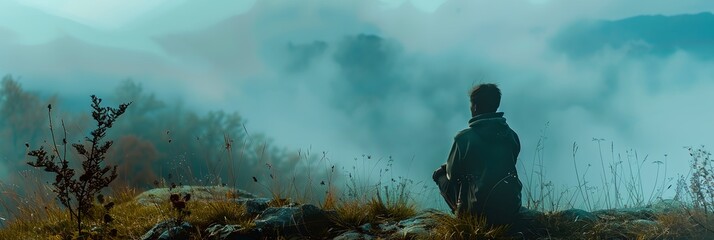 a man standing on a hill looking at the sky and clouds in the distance with a foggy mountain