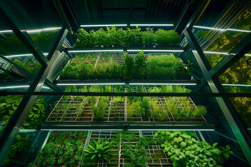 aerial shot captures the futuristic allure of a vertical farm bathed in the glow of LED lighting, symbolizing the harmony between technology and sustainable agriculture,