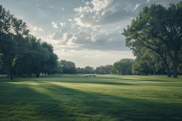 Naklejka premium a golf course with trees and a sun shining through the trees