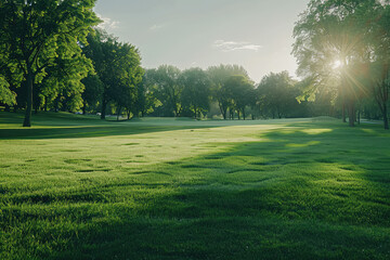 Obraz premium a golf course with trees and a sun shining through the trees