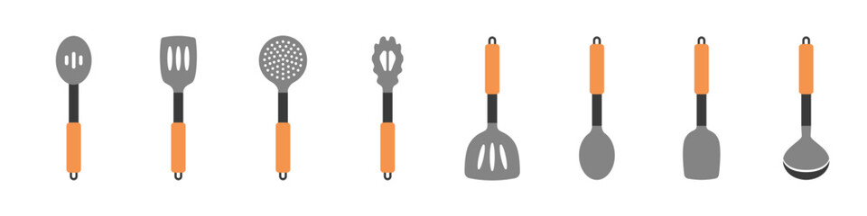 Kitchen icons set. Kitchen utensils icon set. Tools for cooking. Stylish spatulas, spoons, forks for cooking. Utensils for cooking are colored with patterns.