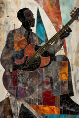 Afro-American male blues jazz guitarist musician playing an electric guitar in an abstract music style painting for a poster or flyer, stock illustration image