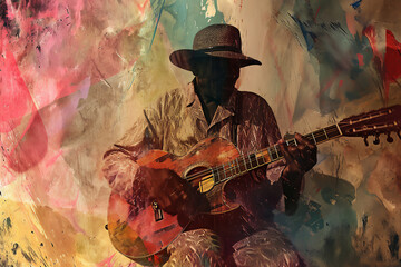 Afro-American male blues jazz guitarist musician playing an acoustic guitar in an abstract music style painting for a poster or flyer, stock illustration image