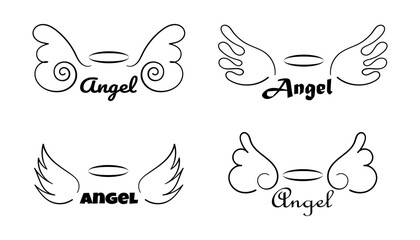 Collection of Wings and  Angel lettering with aureole. Doodle hand drawn sketch icons. Wing and halo nimbo sketch tattoo contour. Set of Vector illustration isolated on white background