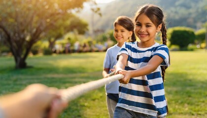 kid children hands holding rope playing tug of war during joint outdoors games on sunny day in park