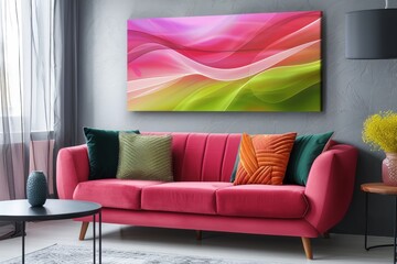 A colorful couch with green and orange pillows sits in front of a wall with a large painting of a pink and green wave