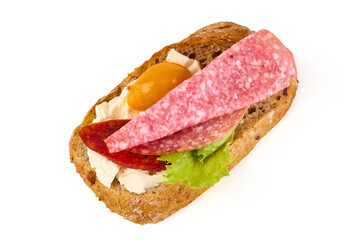 Assorted bruschetta with various toppings, isolated on white background. High resolution image