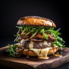 beef steak burger with beef patty, raclette cheese, mushroom sauce, candied onions, rocket leaf served in dark wooden board with dark background