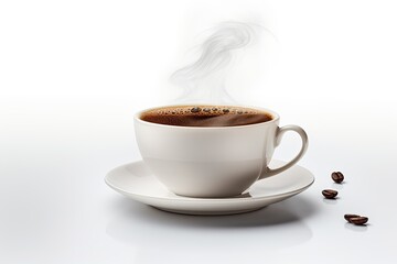 Fototapeta premium steaming coffee cup with beans on white background