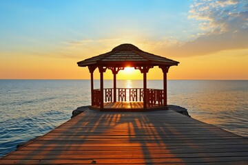 gazebo on a wooden pier at sunrise by the sea - Powered by Adobe