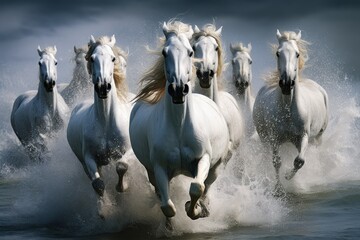 herd of white horses running through the water