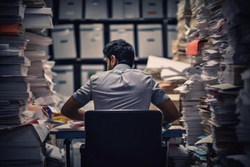 A man sits at a desk in a room full of papers. The room is cluttered and disorganized, with stacks of paper piled high on every surface - Powered by Adobe