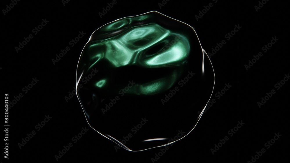 Fototapete Abstract 3D liquid fluid illuminated shape oil blob bubble sphere chemical futuristic metallic chrome element gem emerald green gradient monochrome 4K computer graphics rendred wallpaper background