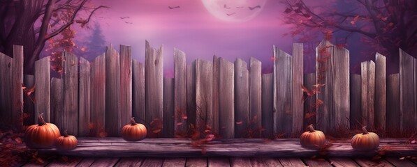 a wooden fence with pumpkins on it in front of a full moon and bats flying over it