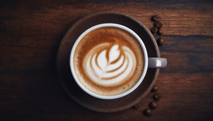 hot coffee cappuccino latte with foam top view on dark wooden background 