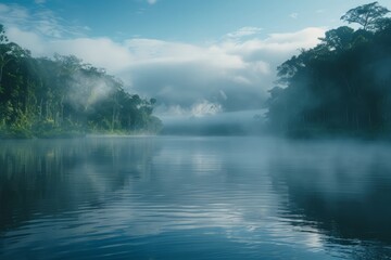 Fototapeta na wymiar The water is calm and still, with a misty fog hovering over the trees. The scene is serene and peaceful, with the fog adding a sense of mystery and tranquility to the landscape