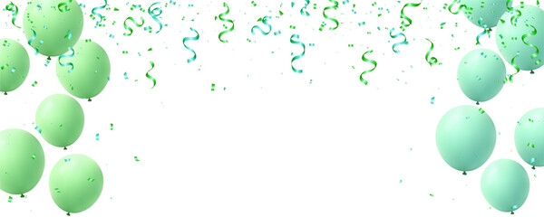 Grand opening banner luxury with green balloons, confetti and ribbon