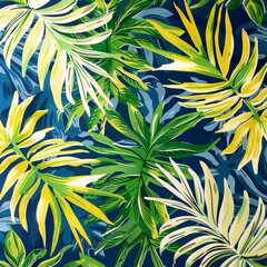 Merging exotic patterns with vibrant, lush greenery, Ikat print features tropical foliage.