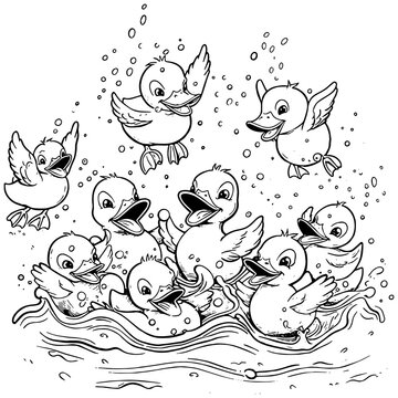 Cute cartoon ducklings splashing in water 