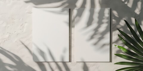 white wall with a plant and a white paper on it with a shadow of a plant