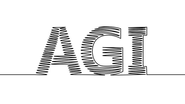 Artificial general intelligence one line drawing. Stitches ink sketch drawn. AGI icon. Machine learning concept technology AI brain vector illustration