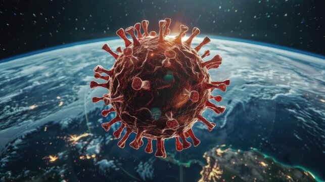 An artistic representation of a virus drifting above the liquid world of Earth