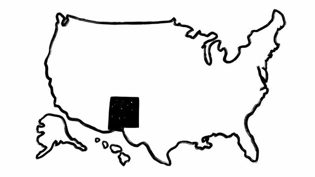 Hand written borders of America and New Mexico state in set of animated maps filmed on white background in stop motion. Scribble outline of the USA and part of its government. Learning Geography