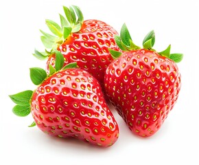 three strawberries with green leaves on a white background with a shadow of the two strawberrys on the left