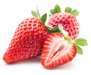 two strawberries with leaves on a white background, one of which is half eaten
