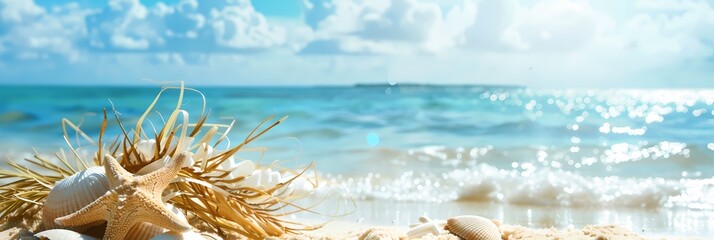 a starfish on the beach with a sea in the background and a seaweed in the foreground