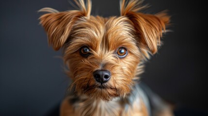 A close up portrait of a Yorkshire Terrier dog with big brown eyes looking at the camera with a curious expression on its face