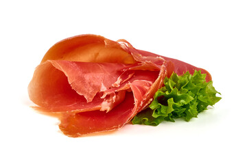 Spanish jamon iberico, serrano ham, isolated on white background. High resolution image