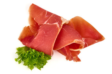 Spanish jamon iberico, serrano ham, isolated on white background. High resolution image