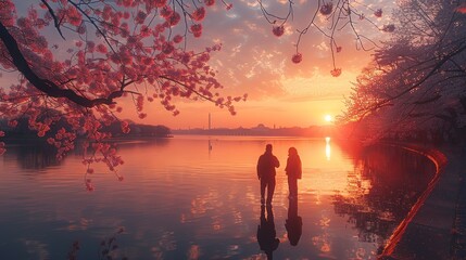 Fototapeta premium Cherry blossoms at the Tidal Basin create breathtaking spring scenes, drawing photographers from afar. 