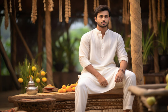 Young indian man in traditional wear kurta pajama.