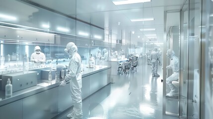 professionals workers on a big laboratory wearing protection suits