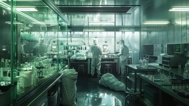professionals workers on a big laboratory wearing protection suits