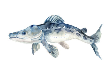 Fototapeta premium Minimalistic watercolor of a Sturgeon on a white background, cute and comical.