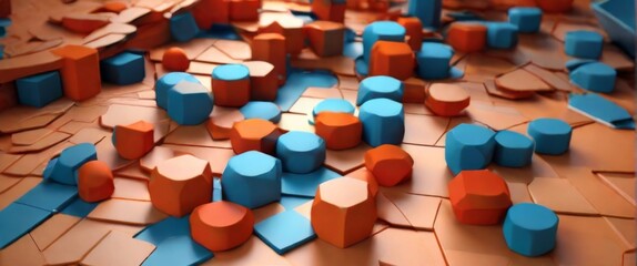 Fototapeta premium Abstract 3d rendering of geometric shapes in orange and blue colors.