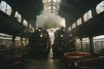 Old steam locomotive with smoke in the old train station. Retro style.