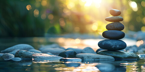 Sunlit zen stone tower in serene water setting, Stacked zen stones in water with sun shining.