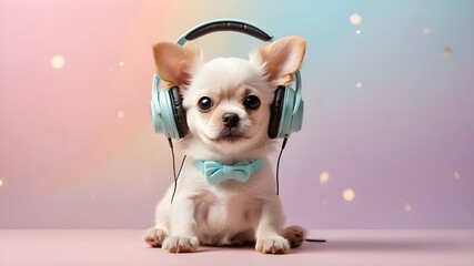 funny Cute tiny dog with soft pastel tones with headphones on his ears. The dog adores music. cake background,  Dog Cute Tiny Soft Pastel Tones Headphones Music Adores Cake Background Pet Canine Pup