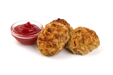Baked pork meatballs with tomato sauce, isolated on white background